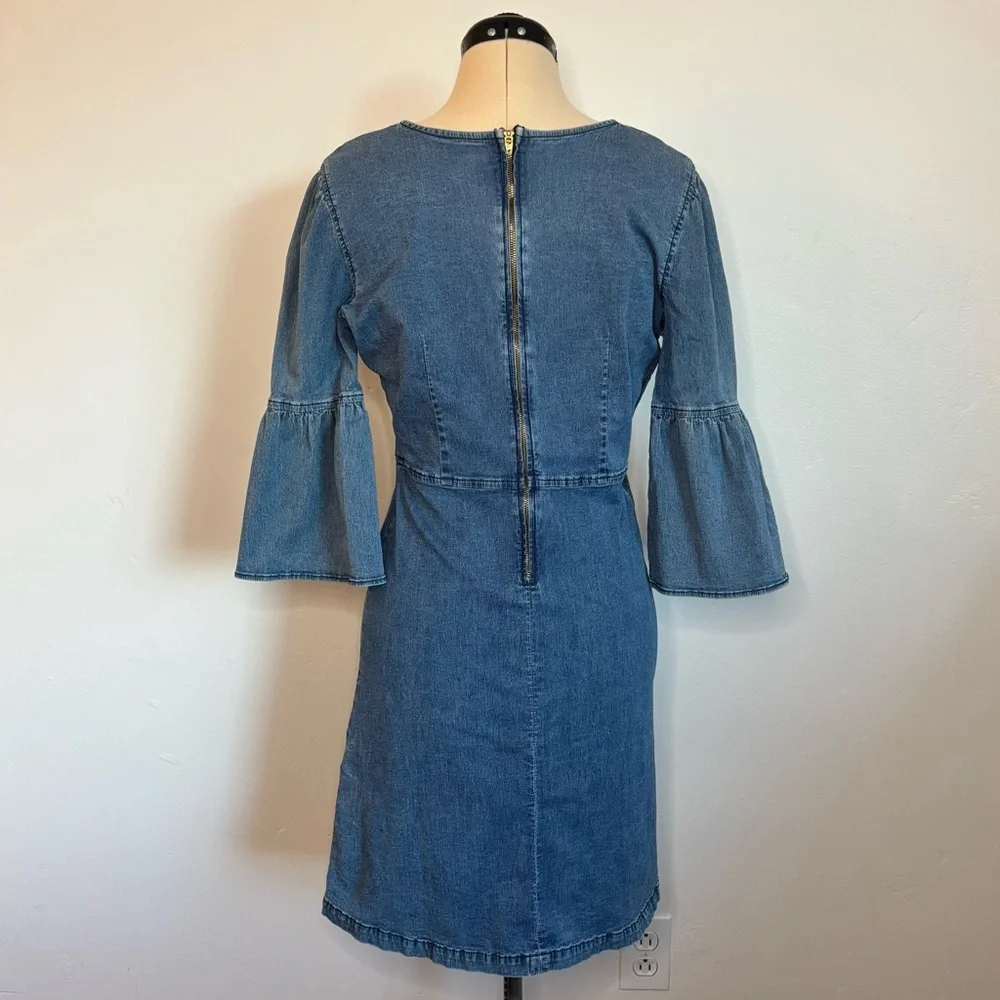 Vintage floral embroidered denim mini dress with bell sleeves